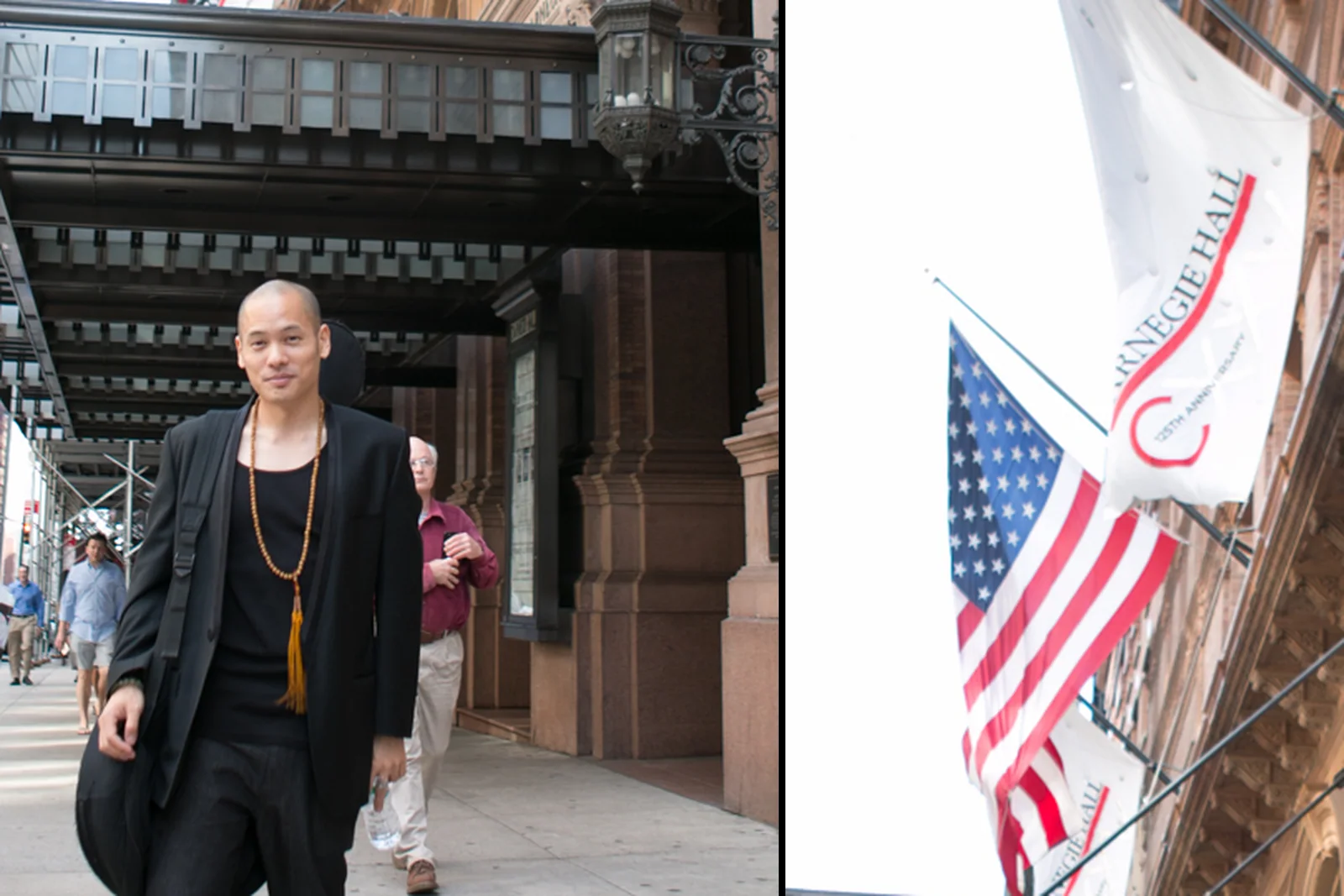 Dana Leong walking out of Carnegie Hall in New York, beside the Carnegie Hall 125th anniversary flag