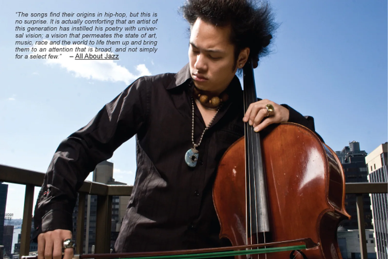 Dana Leong with his cello on a New York rooftop for The Rhythm Road, Jazz at Lincoln Center